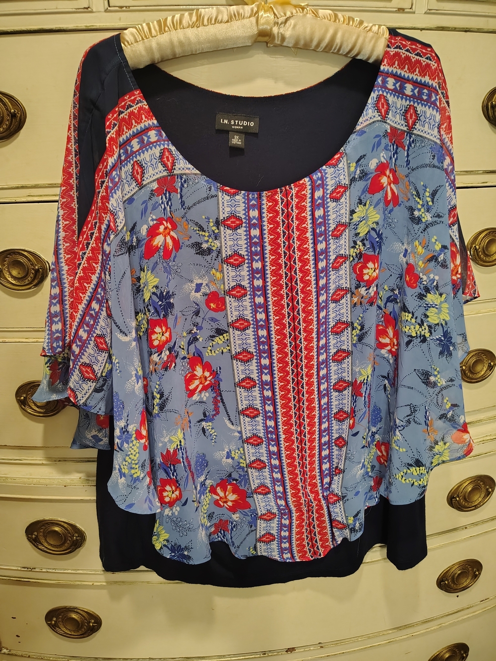 I.N. Studio Blue and Red Floral Mixed-Print Blouse